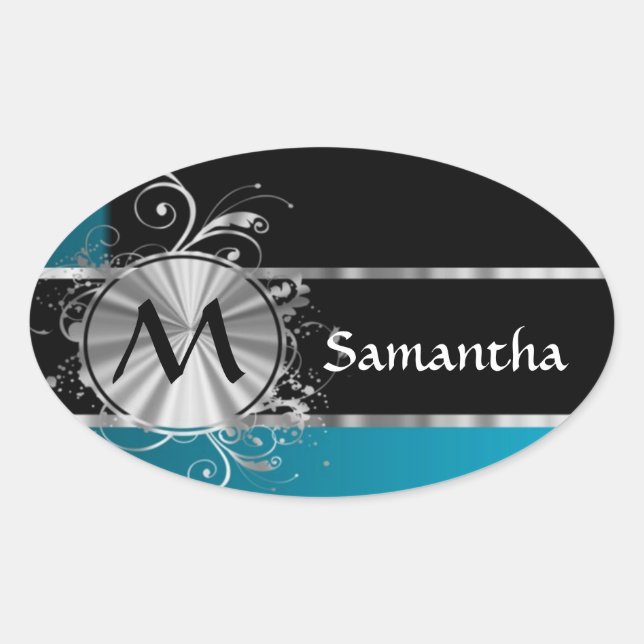 Personalised teal black and silver monogram oval sticker (Front)