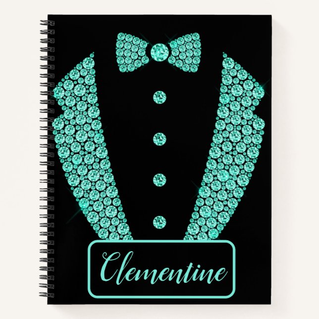 Personalised Teal Black Glitter Tuxedo Sketchbook Notebook (Front)