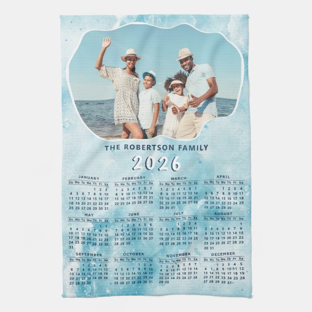 Personalised Teal Blue 2026 Photo Calendar Tea Towel (Vertical)
