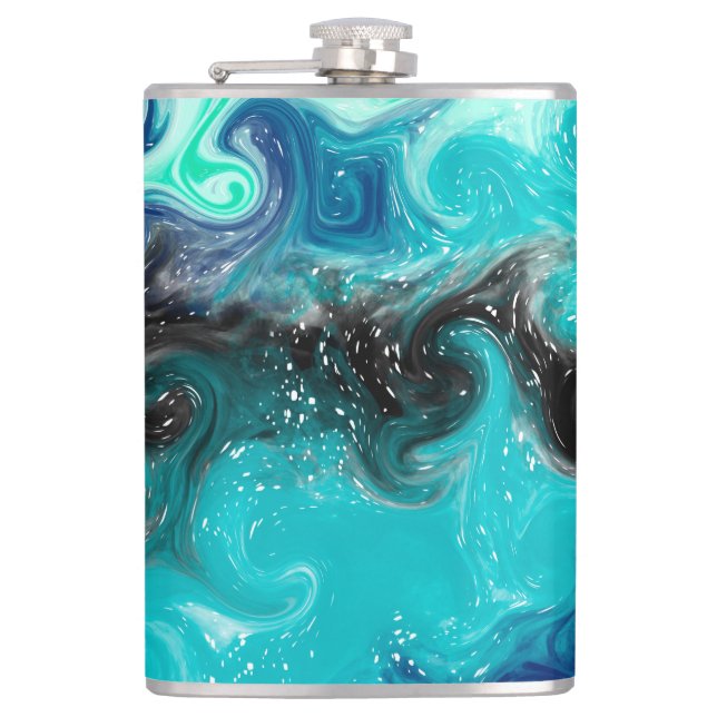 Personalised Teal Blue and Black Fluid Art Marble  Hip Flask (Front)