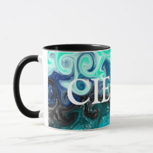 Personalised Teal Blue and Black Fluid Art Marble  Mug