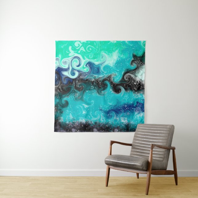 Personalised Teal Blue and Black Fluid Art Marble  Tapestry (In Situ)