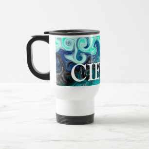 Personalised Teal Blue and Black Fluid Art Marble Travel Mug