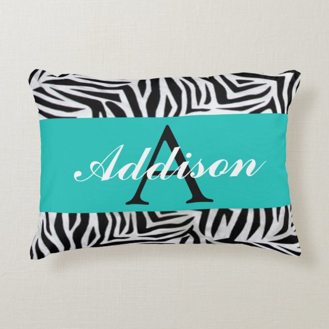 Personalised Teal Blue and Zebra Print Decorative Cushion (Front)
