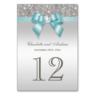 Personalised Teal Blue Faux Bow Silver Sequins Table Number