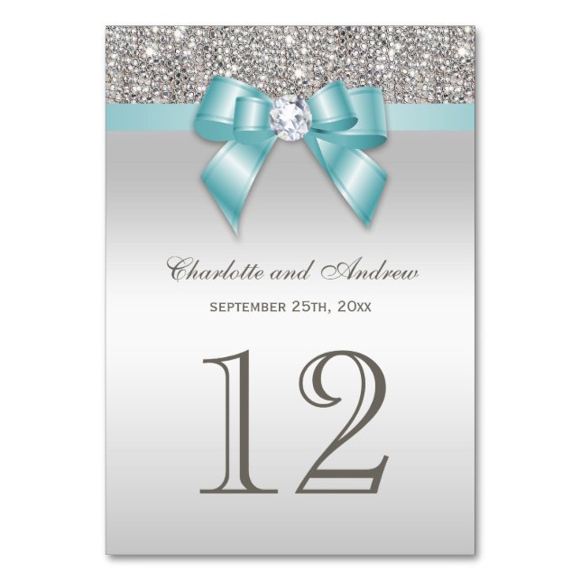 Personalised Teal Blue Faux Bow Silver Sequins Table Number (Front)