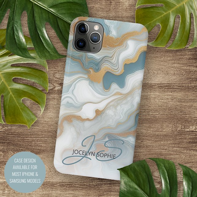 Personalised Teal Blue Gold White Marble Pattern Case-Mate iPhone Case (Creator Uploaded)