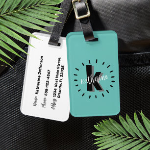 Personalised Teal Blue Monogram Luggage Tag