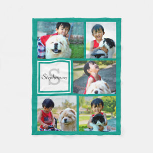 Personalised Teal Blue Photo Collage Monogrammed Fleece Blanket