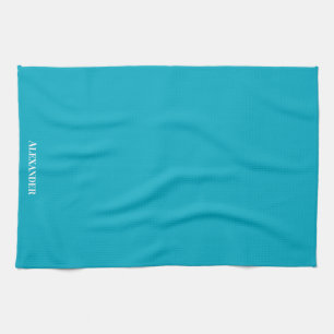 Personalised Teal Blue Plain Solid White Script Tea Towel