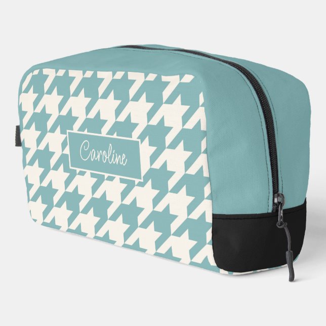 Personalised Teal Blue Seafoam Green Houndstooth Dopp Kit (Right Corner)