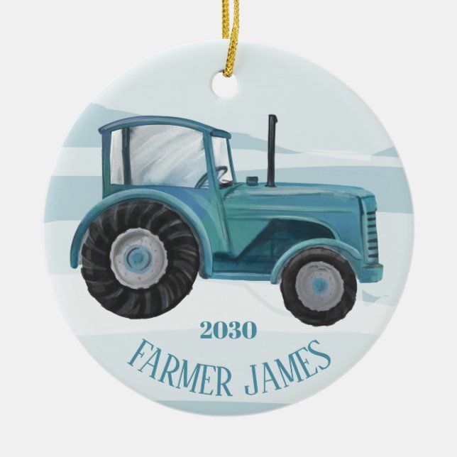 Personalised Teal Blue Tractor Christmas Ornament (Front)