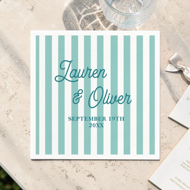 Personalised Teal Blue Wedding Engagements Striped Napkin (Creator Uploaded)