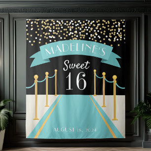 Personalised Teal Carpet Theme Sweet 16 Backdrop Tapestry