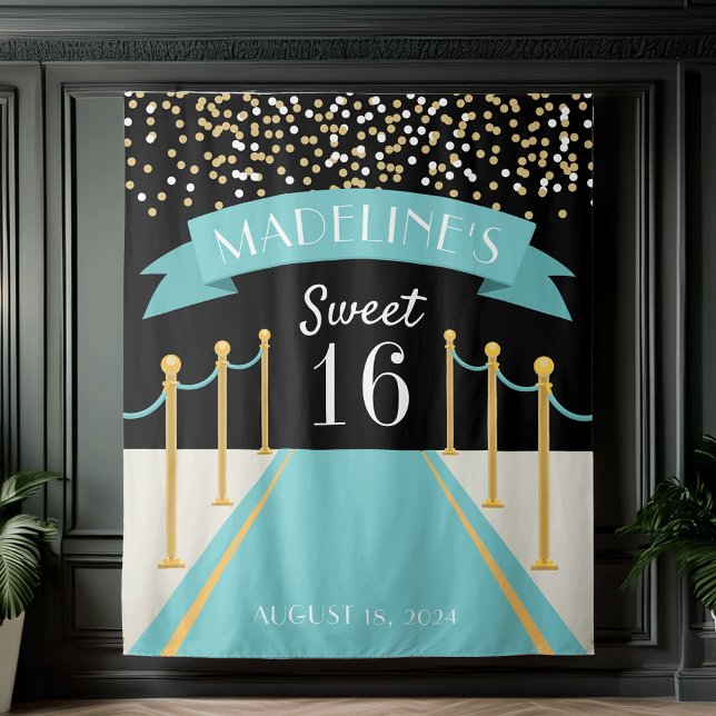 Personalised Teal Carpet Theme Sweet 16 Backdrop Tapestry (Creator Uploaded)