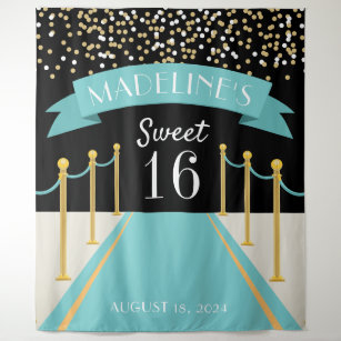 Personalised Teal Carpet Theme Sweet 16 Backdrop Tapestry