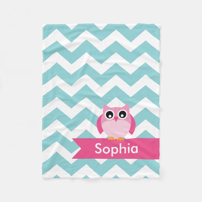 Personalised Teal Chevron Pink Owl Fleece Blanket (Front)