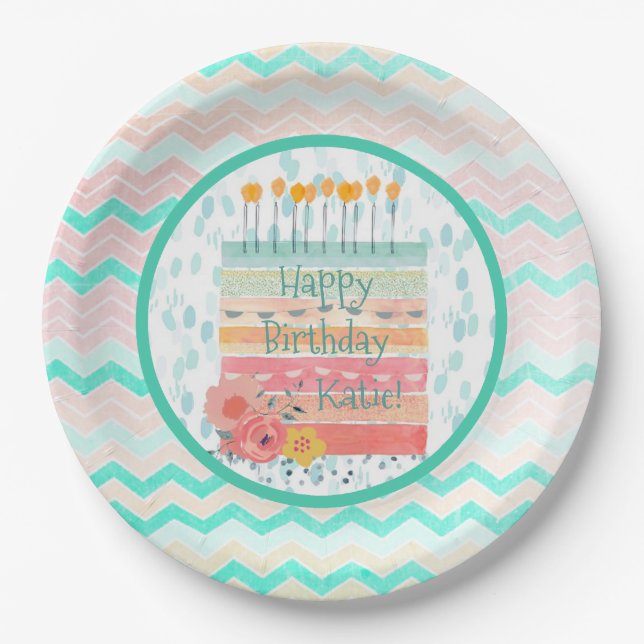 Personalised Teal Coral Birthday Cake Paper Plate (Front)