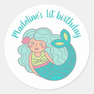 Personalised Teal Cute Mermaid 1st Birthday Classic Round Sticker