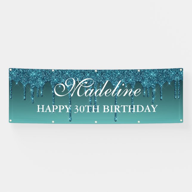 Personalised Teal Dripping Glitter Birthday Banner (Horizontal)