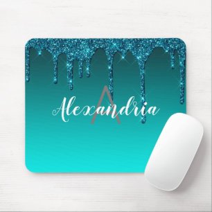Personalised Teal Dripping Glitter Mouse Pad