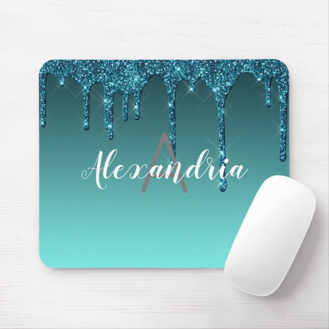 Personalised Teal Dripping Glitter Mouse Pad (With Mouse)