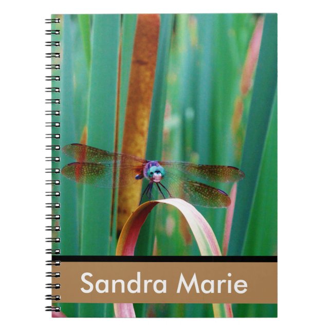 Personalised Teal Eyed Dragonfly cattails Notebook (Front)