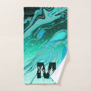 Personalised Teal glitter marble Bath Towel Set