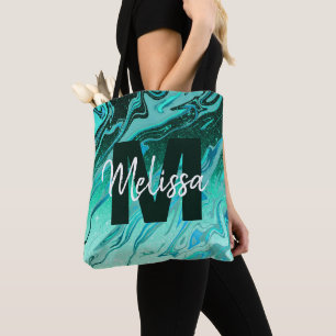 Personalised Teal glitter marble Tote Bag