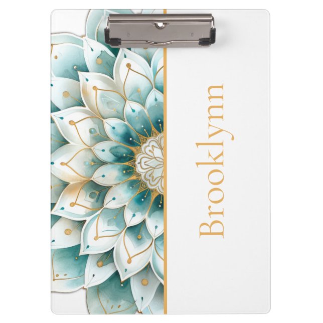 Personalised Teal Gold Floral Mandala  Clipboard (Front)