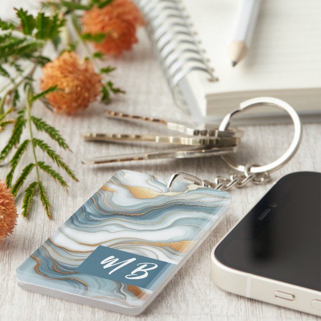 Personalised Teal Grey Blue Gold Marble Art Key Ring (Front Right)