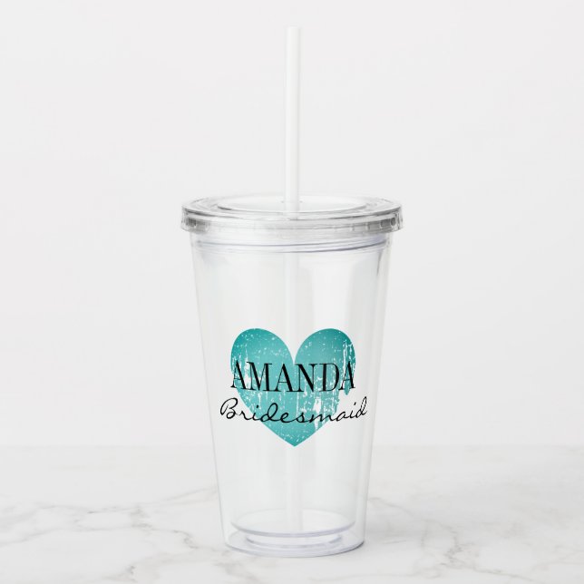 Personalised teal heart bridesmaid party favour acrylic tumbler (Front)