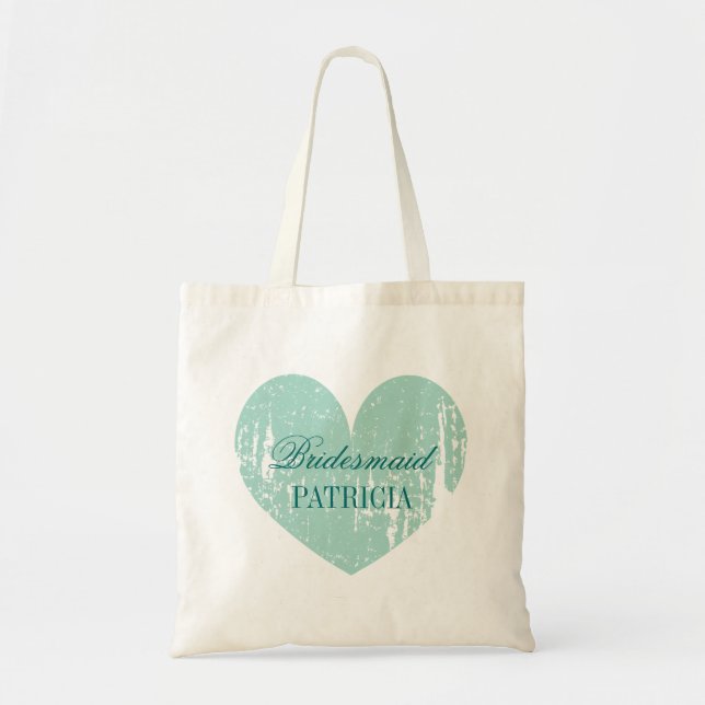 Personalised teal heart bridesmaid tote bags (Front)
