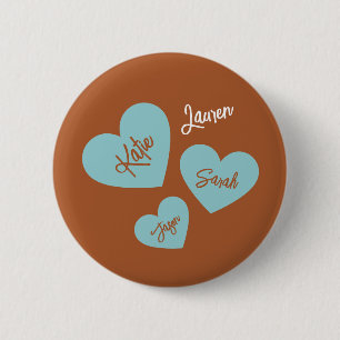 Personalised Teal Hearts With Children's Names 6 Cm Round Badge