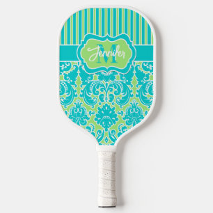 Personalised Teal, Lime Damask, Stripes Monogram Pickleball Paddle