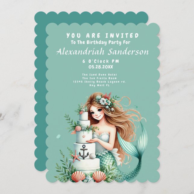 Personalised Teal Mermaid Beach Birthday Invite (Front/Back)