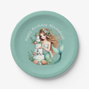 Personalised Teal Mermaid Beach Birthday Invite Paper Plate
