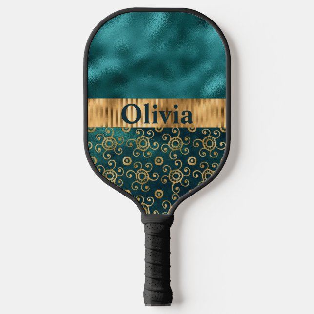 Personalised Teal Metallic Gold Pickleball Paddle (Front)