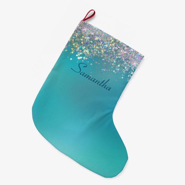Personalised Teal Ombre Holographic Glitter Large Christmas Stocking (Front (Hanging))