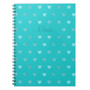 Personalised Teal Polka Dot Hearts Turquoise Notebook