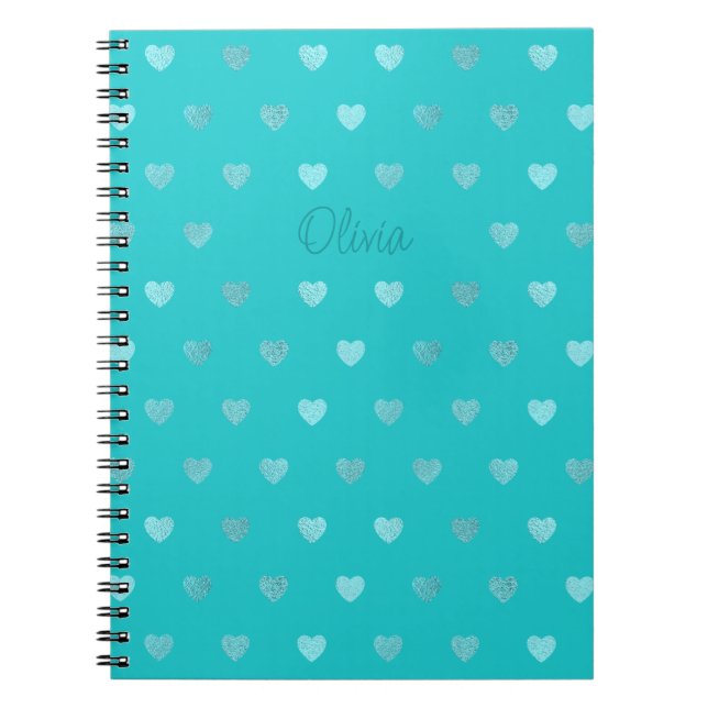 Personalised Teal Polka Dot Hearts Turquoise Notebook (Front)