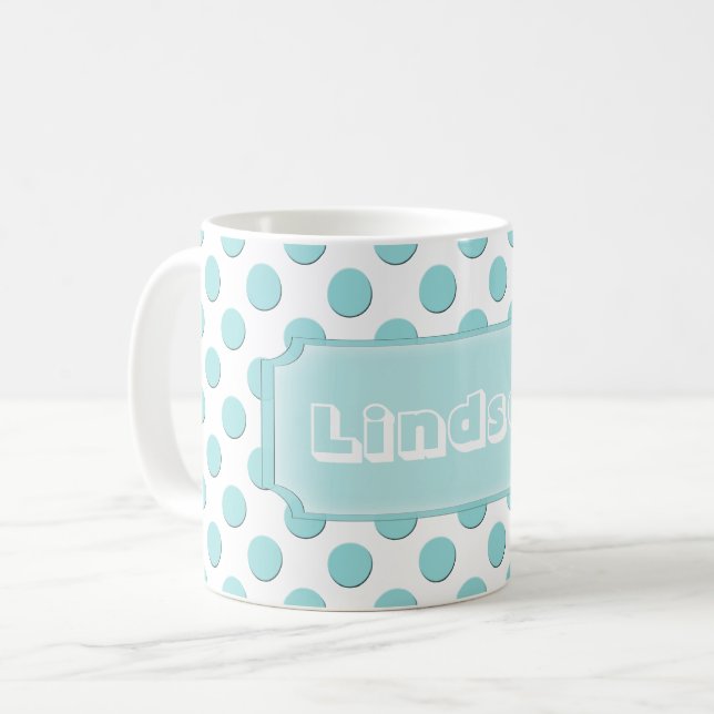 Personalised Teal Polka Dots Name Coffee Mug (Front Left)