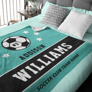 Personalised Teal Soccer Player Name Fleece Blanket