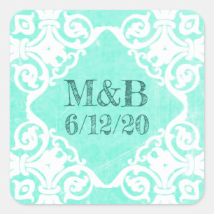 Personalised Teal Wedding Date & Initials Stickers