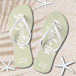 Personalised Team Bride Sage and White Jandals<br><div class="desc">Sage green and white - or any colour - flip flops personalised with your name and "Team Bride" or any wording you choose. Great bridesmaid gift, bachelorette party, flat shoes for the wedding reception, or a fun bridal shower favour. Change the colour straps and footbed, too! More colours done for...</div>