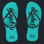 Personalised Team Bride Turquoise<br><div class="desc">Turquoise blue - or any colour - flip flops personalised with your name and "Team Bride" or any wording you choose. Great bridesmaid gift, bachelorette party, flat shoes for the wedding reception, or a fun bridal shower favour. Change the colour straps and footbed, too! More colours done for you in...</div>