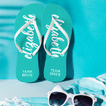 Personalised Team Bride Turquoise and White<br><div class="desc">Turquoise and white - or any colour - flip flops personalised with your name and "Team Bride" or any wording you choose. Great bridesmaid gift, bachelorette party, flat shoes for the wedding reception, or a fun bridal shower favour. Change the colour straps and footbed, too! More colours done for you...</div>