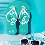 Personalised Team Bride Turquoise and White Jandals<br><div class="desc">Turquoise and white - or any colour - flip flops personalised with your name and "Team Bride" or any wording you choose. Great bridesmaid gift, bachelorette party, flat shoes for the wedding reception, or a fun bridal shower favour. Change the colour straps and footbed, too! More colours done for you...</div>