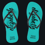 Personalised Team Bride Turquoise Jandals<br><div class="desc">Turquoise blue - or any colour - flip flops personalised with your name and "Team Bride" or any wording you choose. Great bridesmaid gift, bachelorette party, flat shoes for the wedding reception, or a fun bridal shower favour. Change the colour straps and footbed, too! More colours done for you in...</div>