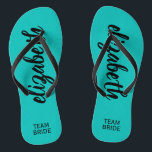 Personalised Team Bride Turquoise Jandals<br><div class="desc">Turquoise blue - or any colour - flip flops personalised with your name and "Team Bride" or any wording you choose. Great bridesmaid gift, bachelorette party, flat shoes for the wedding reception, or a fun bridal shower favour. Change the colour straps and footbed, too! More colours done for you in...</div>